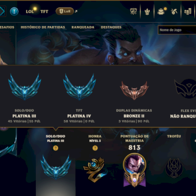 Platina 3 com TODOS os Champs e 187 Skins ( ADC / JG / MID / TOP ) - (Nivel 541)