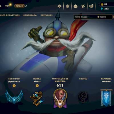 CONTA DESDE S3; 5 SKINS ULTIMATE; 16 SKINS MÍTICAS; RYZE TRIUNFANTE E URFWICK