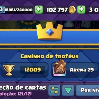 torre do rei nivel 15, 12 mil troféus, todas as cartas, 63 emotes, 3000 gemas