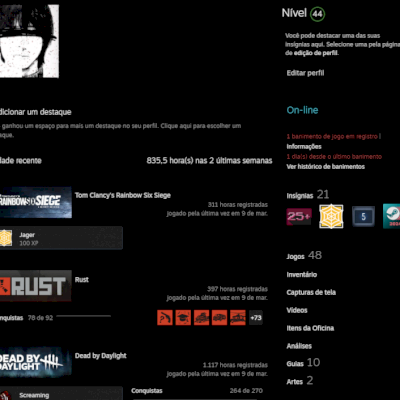 Conta Steam nvl44, Rust, Dead by Daylight, R6, GTA V Squad, DUCKSIDE, ETS 2.