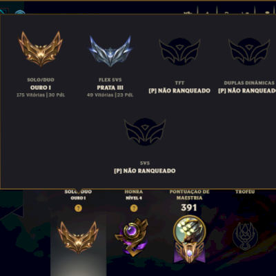 Ouro 1 com TODOS os Champs e 110 Skins ( JG / MID )