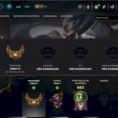 Ouro 4 com TODOS os Champs e 240 Skins +12 Vitoriosas ( JG / SUP / ADC )