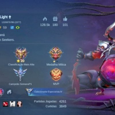 Conta mlbb diversas skins, elo máximo mítico 20+, troféu mcl, chromas e mais