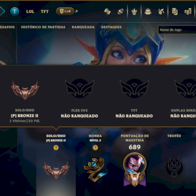 Bronze 2 com TODOS os Champs e 187 Skins ( SUP / ADC / JG / MID )