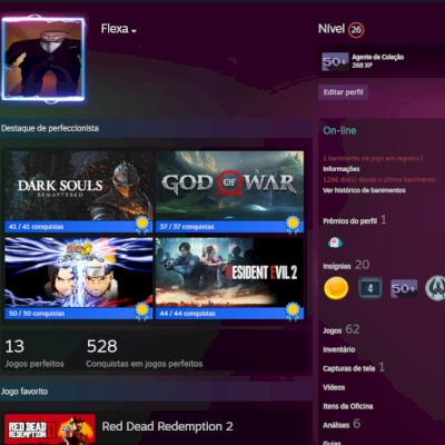 Steam Nível 26 | 62 Jogos | RDR2, God of War, RE, Dark Souls