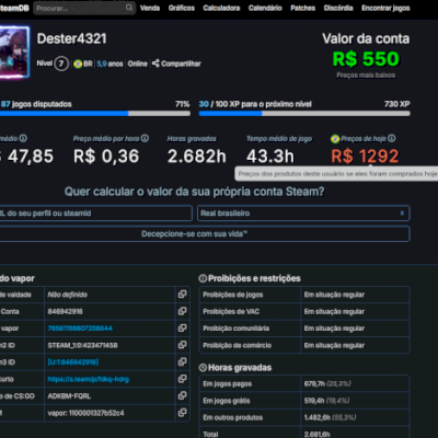 Conta Steam avaliada em 1292$, diversos jogos e 1500 horas de soundpad.