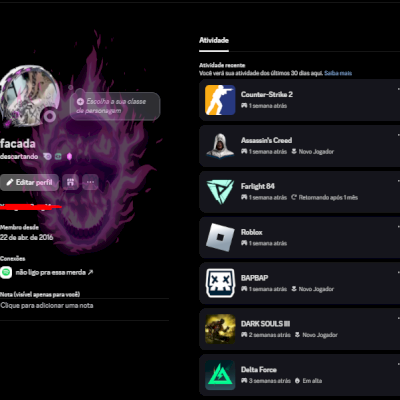 CONTA DISCORD 2016 BOOST LV3 + 2 MESES NITRO GAMING+ MOLDURA E EFEITO DE PERFIL