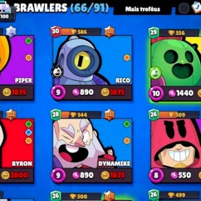 Conta muito bem upada, 23.5k de troféus, 66 brawlers, 60 visuais(2 míticos,2lend