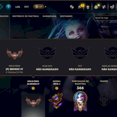 Bronze 4 com 120 Champs e 77 Skins ( ADC / SUP / MID )