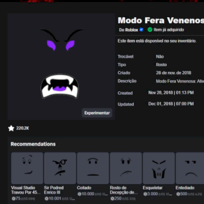 Conta de 2017 Roblox Rosto Modo Fera Venenosa e itens Limiteds
