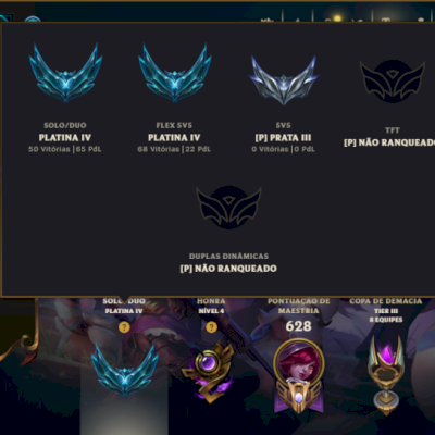 Platina 4 com TODOS os Champs e 283 Skins ( SUP / ADC ) +10 Vitoriosas