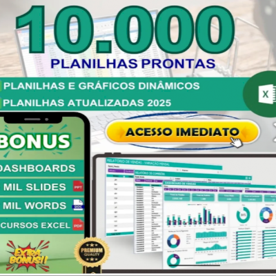 Pacote 10 Mil Planilhas Excel + 200 Dashboards + BonusPacote