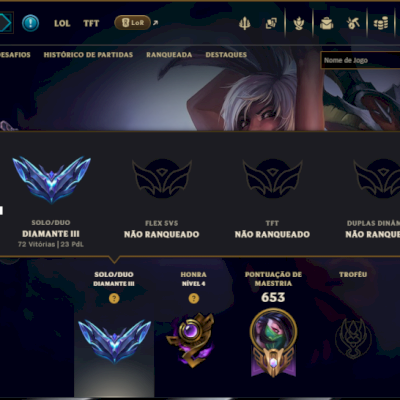 Diamante 3 com TODOS os Champs e 122 Skins ( MID / ADC / JG ) - ( Nivel 505 )