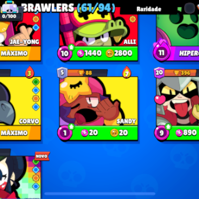 CONTA BRAWL 61 BRAWLERS/8 NÍVEL MÁXIMO/4 HIPER/13K TROFÉUS/500 GEMAS/ C PRO PASS