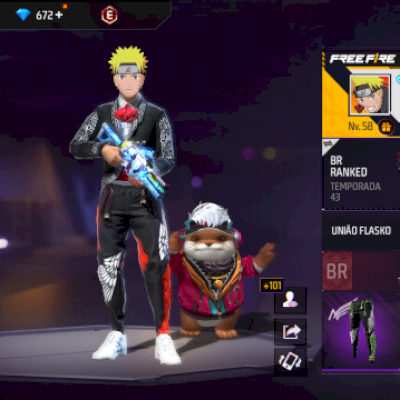 Conta Free fire, com calça Angélica vermelha e verde, com Naruto etc..