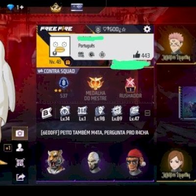 Conta de FF + 4 Skins Jujutsu Kaisen + Entrada de Lobby Jujutsu Kaisen + Emotes