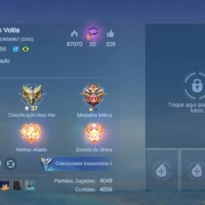 Rank Épico III, 158 skins, 113 Heróis, Nível Celestial 58.