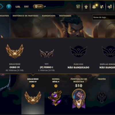 Ouro 4 com TODOS os Champs e 104 Skins ( JG / TOP )