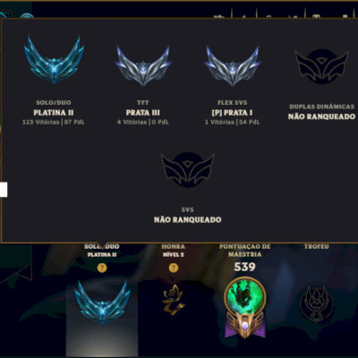 Platina 2 com TODOS os Champs e 119 Skins ( MID / SUP / JG )