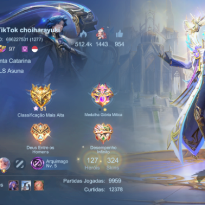 CONTA PREMIUM MLBB – 324 SKINS – LEGEND, NARUTO, BOB ESPONJA E GLÓRIA MÍTICA