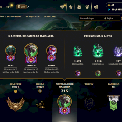 Conta nível 780 + 1500 reais gastos + 300 skins + todos os campeões