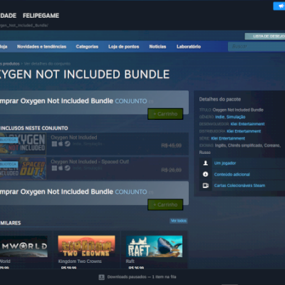 Steam com Oxygen Not Included+ Bundle Spaced Out, 13 reais de desconto
