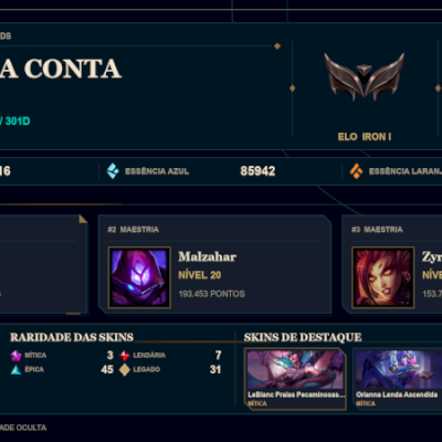 CONTA FERRO 1 / 177 SKINS / NIVEL 168 / HONRA 3 / 173 CHAMPS / EMAIL ALTERAVEL