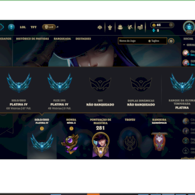 Conta Platina IV, Campeões: 163, Skins: 112, Nivel: 233