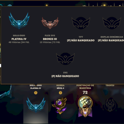 Platina 4 com 70 Champs e 52 Skins ( JG / MID / ADC )