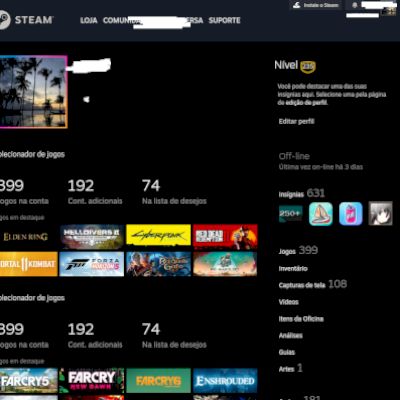 Conta STEAM nível 235 com 400 jogos. + 4 mil horas CS 2