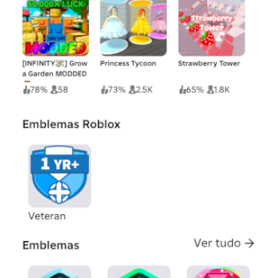 Conta de 2015 com 23 seguidores emblema de veterano e Robux pedente