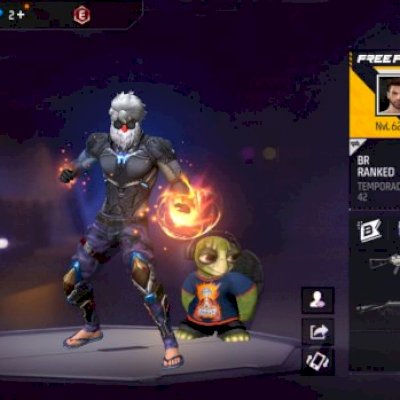 Conta de Free Fire com diversas skins, nível alto, medalhas de mestre e passes.