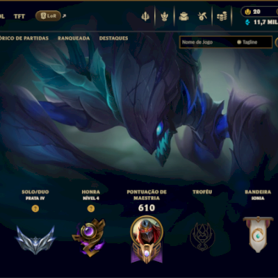 Conta de lol nivel 473, nunca banida, prata 4 e 137 skins, 2 ultimates e varias